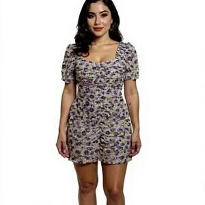 Zara Dress Green Purple Floral Ruched Mini Puff Sleeve Bodycon Cottage Regency S